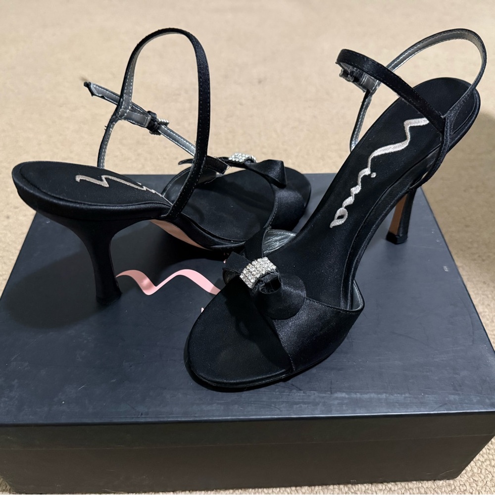 Nina Black Satin Heels with Bow and Rhinestone Accent